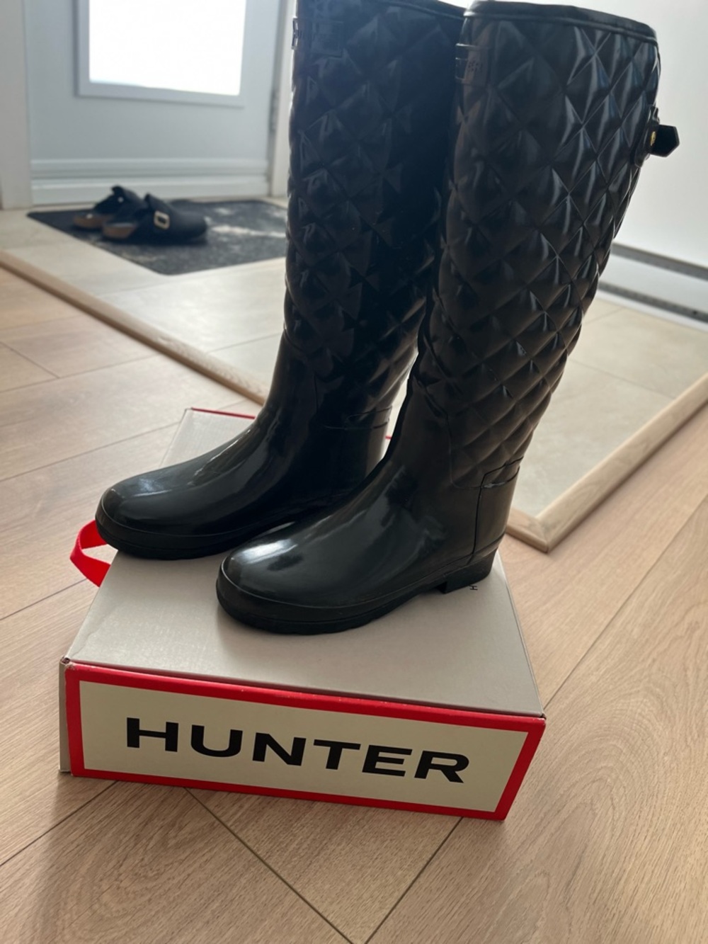 Hunter Gloss Quilted Tall Rain Boots in Black